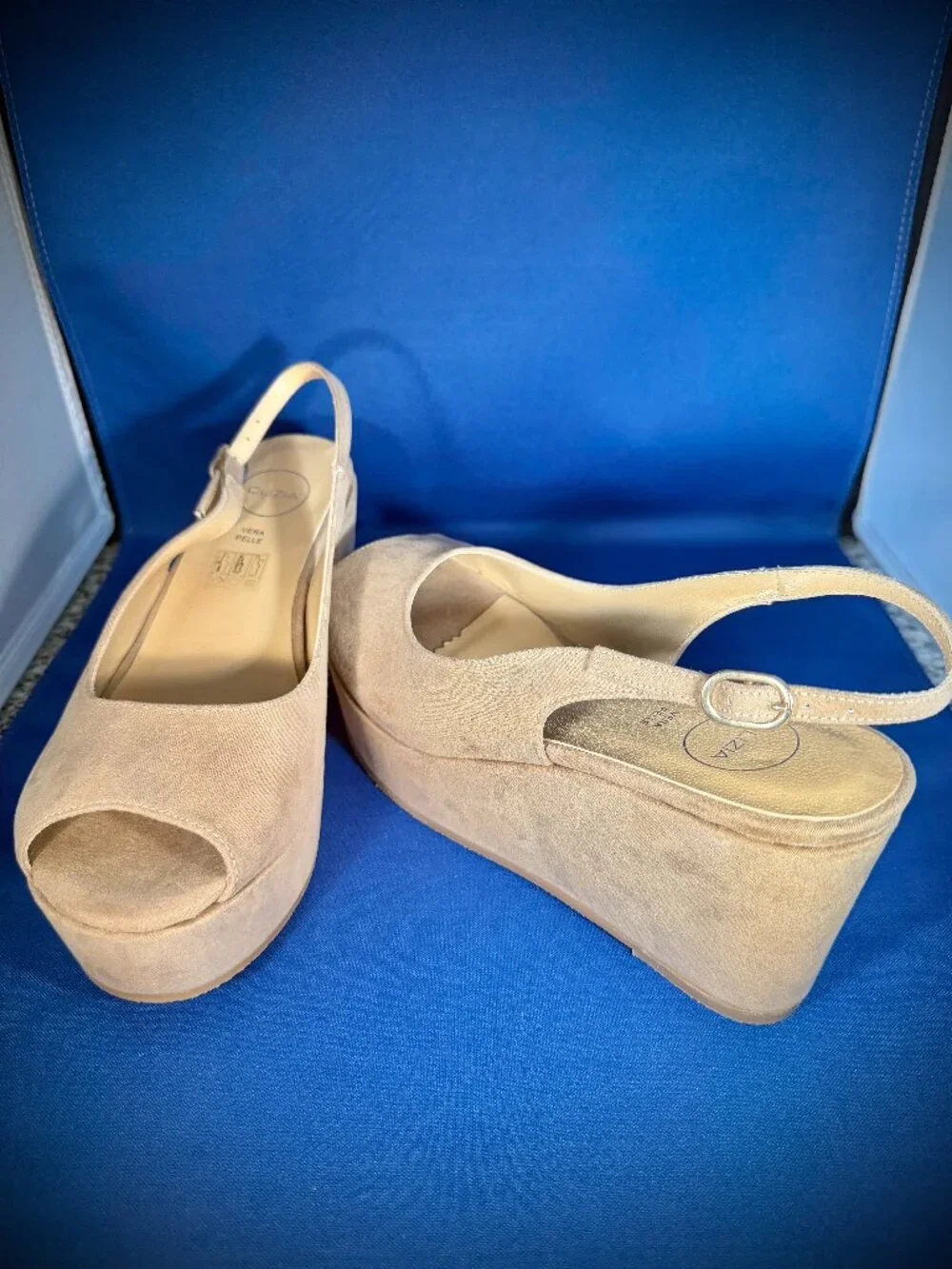clizia beige suede peep toe wedge platform shoes